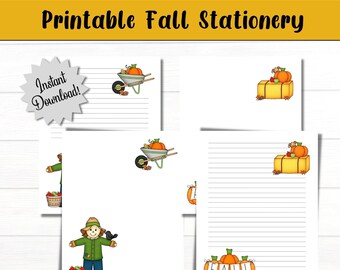 May include: Printable fall stationery featuring four sheets with autumn illustrations including a scarecrow, a wheelbarrow with a pumpkin, and hay bales. One sheet includes the text "FALL" on pumpkins and a starburst graphic with "Instant Download!"