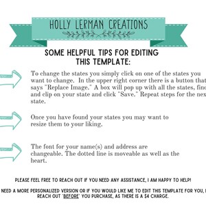May include: A green banner with the text "HOLLY LERMAN CREATIONS" in white. Below the banner is a list of instructions for editing a template. The instructions include text such as "To change the states you simply click on one of the states you want to change." and "The font for your name(s) and address are changeable."
