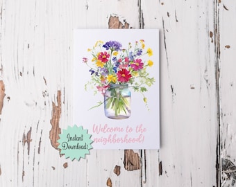 Welcome to the Neighborhood printable card, Housewarming greeting card, new neighbor welcome card, mason jar of wildflowers