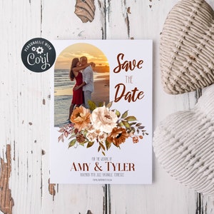 Carte « Save the Date » modifiable pour mariage d'automne, faire-part photo de fiançailles