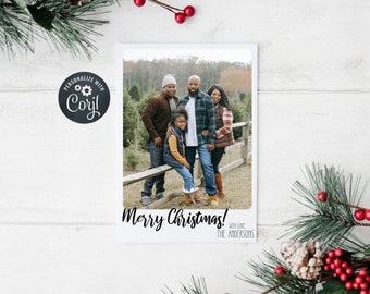 Editable Minimalist Christmas Photo Card, Modern printable holiday card, family photo