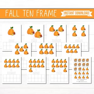 Peut inclure: Un ensemble de dix fiches pédagogiques imprimables intitulées FALL TEN FRAME, illustrées de citrouilles orange avec des feuilles d'automne. Chaque fiche affiche un nombre de un à dix, écrit en toutes lettres et une grille de dix cases.