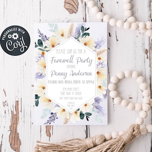 May include: A floral-themed farewell party invitation with a hexagon-shaped design. The invitation features a watercolor illustration of yellow flowers, lavender, and greenery. The text reads "Please join us for a Farewell Party honoring Penny Anderson, February 19th, 2024 at 12PM, 1234 Main Street, Your Town, VT 00000, RSVP 000-000-0000, Catered by The Street Cafe."