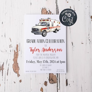 May include: A graduation celebration invitation for Tyler Anderson. The invitation features a watercolor illustration of an ambulance and the text "Graduation Celebration for Tyler Anderson". The invitation is for a celebration from the paramedic program on Friday, May 17th, 2024 at 1pm at The Corner Restaurant.