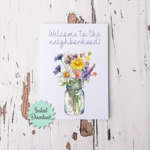 Carte imprimable Bienvenue dans le quartier, carte de voeux de pendaison de crémaillère, carte de bienvenue de nouveau voisin, pot Mason de fleurs sauvages
