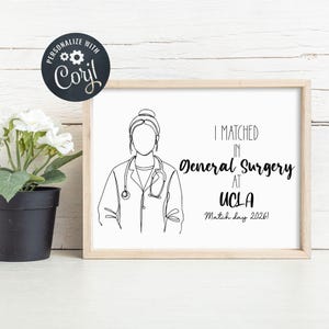 Puede incluir: Impresión enmarcada con un dibujo lineal de una persona con bata de médico y estetoscopio. El texto dice "I Matched in General Surgery at UCLA Match day 2026!". El marco es de color marrón claro.