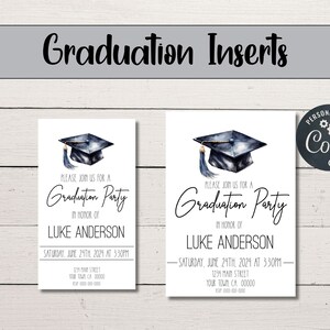 Puede incluir: Dos tarjetas de invitación blancas para fiesta de graduación con una ilustración en acuarela de un birrete negro con borla azul. El texto dice: Please join us for a Graduation Party in honor of Luke Anderson, Saturday, June 24th, 2024 at 3:30pm.