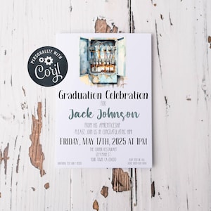 May include: A white invitation card with the text "Graduation Celebration for Jack Johnson" and event details. The card features an illustration of an electrical box and a "Personalize with Corjl" sticker.