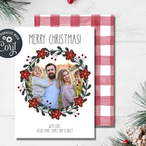 Editable Christmas Photo Card, Modern Christmas Wreath