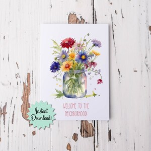 Willkommen in der Nachbarschaft druckbare Karte, Einweihungsparty-Grußkarte, Willkommenskarte für neuen Nachbarn, Einmachglas der Wildblumen