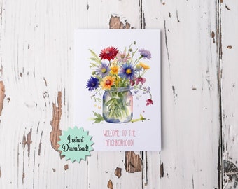 Welcome to the Neighborhood printable card, Housewarming greeting card, new neighbor welcome card, mason jar of wildflowers