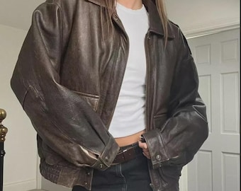Oversized 90s Brown Leather Bomber Jacket