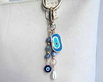 Blue Evil Eye Keychain, Beaded Bag Charm, Nazar Purse Charm, Elegant New Mom Gift