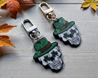 Goth Skull Keychain, Lucky Clover Green Halloween Bag Charm, Shamrock Dark Humor Keychain