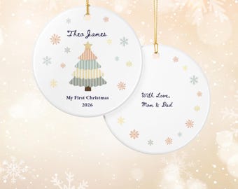 Personalized Baby's First Christmas Ornament, Vertical Stripes Christmas Tree, Custom Ceramic Ornament, New Baby Gift, Newborn Keepsake