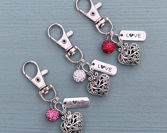 Silver Floral Heart Keychain with Red Rhinestone Beaded Love Bag Charm | Pink Keyring
