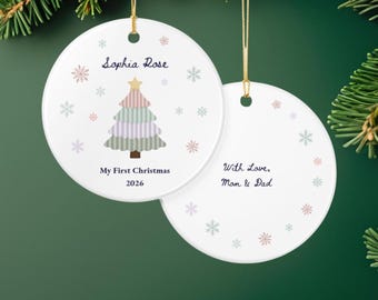 Personalized Baby's First Christmas Ornament, Vertical Stripes Christmas Tree, Custom Ceramic Ornament, New Baby Gift, Newborn Keepsake