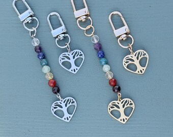 Gold Heart Tree of Life Keychain, Chakra Bag Charm for Purse, Mothers Day Gift