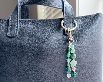 Green Agate Keychain for Mom, Quartz Beaded Bag Charm, Star Purse Charm, Celestial Gift