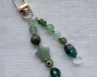 Green Agate Keychain for Mom, Quartz Star Beaded Bag Charm, Evil Eye Purse Charm