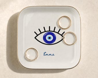 Custom Ring Tray New Beginnings Gift, Blue Evil Eye Personalized Trinket Dish New House Present, Entryway Décor for Appartment