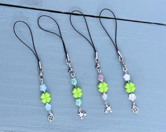 Personalized Phone Charm, Green Clover and Star Beaded Cellphone Strap, Phonecharm