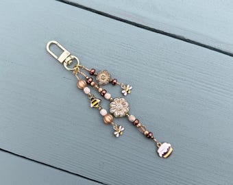Bumble Bee Keychain, Gold Flower Bag Charm, Honey Purse Charm, Mom Gift from Kids