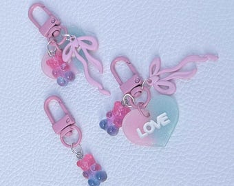 Gummy Bear Keychain, Pink Bow & Heart Keyring, Love Beaded Bag Charm, Valentine's Day Gift