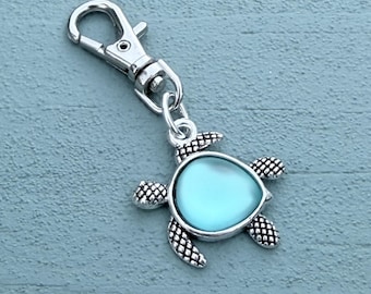Silver Sea Turtle Keychain, Tiny Blue Bag Charm, Good Luck Charm, Mothers Day Gift