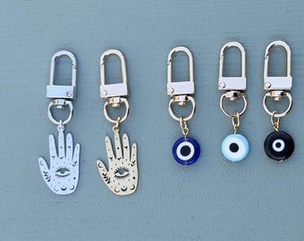 Blue Evil Eye Keychain, Nazar Beaded Bag Charm, Gold Hamsa Hand Keyring, Celestial Gift