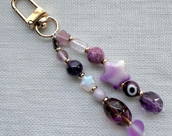 Amethyst Keychain for Mom, Star Beaded Bag Charm, Purple Evil Eye Charm, Celestial Gift