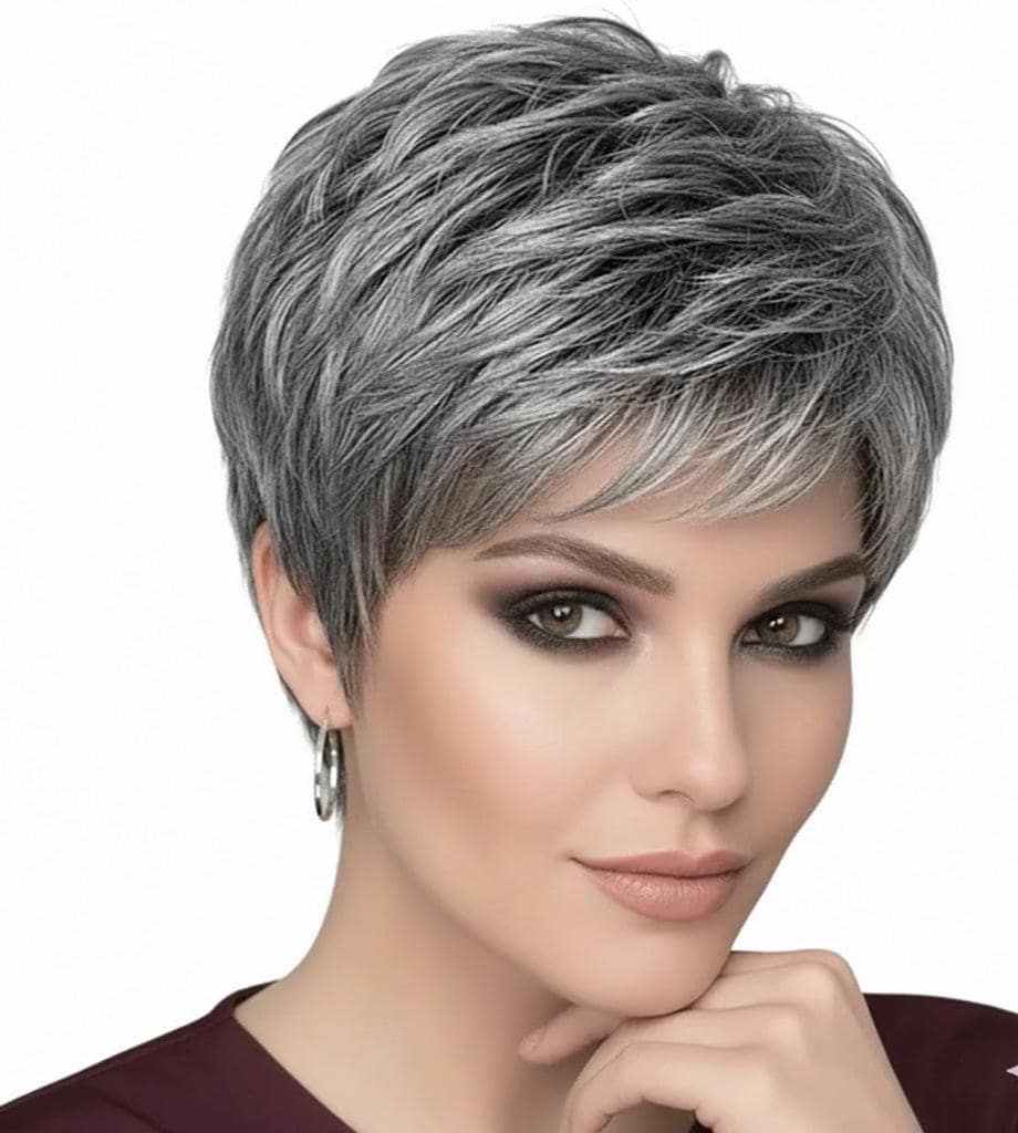 ATOZ Short Gray Pixie Cut Wig For Women - Straight & Heat Safe - Fashion Party Wig With Free Part