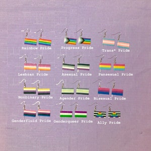 May include: A collection of twelve pairs of flag-shaped dangle earrings representing various pride identities, including Rainbow, Progress, Trans, Lesbian, Asexual, Pansexual, Nonbinary, Agender, Bisexual, Genderfluid, Genderqueer, and Ally pride flags.