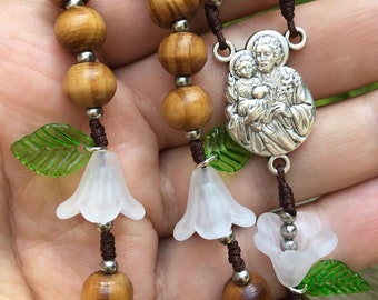 The Chaste Heart St. Joseph Rosary | White Lily Flower Beads, Sandalwood, Silver St. Joseph centre | Handmade Catholic Rosary Gift