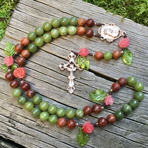 The Garden Rosary | Canadian Jade, Rosewood, Pink Roses, and Rose Gold | Handmade Catholic First communion gift for women girls