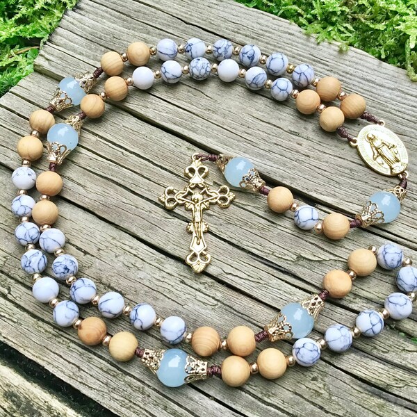 The Gentle Rosary | Handmade First communion gift with Miraculous Medal | White Howlite, Light Blue Glass, Sandalwood, Antique Gold