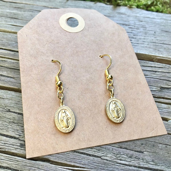 Gold Miraculous Medal Earrings by SanctusBeads | Gold-Plated Our Lady of Grace Dangle Hook Earrings | Catholic Jewelry, Cute Dangle Earrings