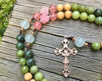 The New Life Rosary | Handmade Catholic Rosary | Rose Gold, Canadian Jade, Pink Quartz, Roses | Colorful Gemstone Cord Rosary Gift