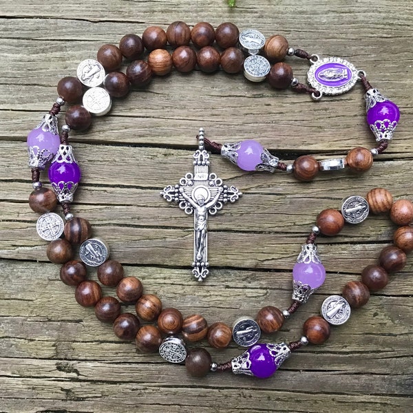 The Lenten Rosary | Polished Wood, St. Benedict Cross Beads, Purple Glass | Handmade Catholic Lent Rosary First Communion Gift