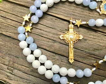 The Stella Maris Rosary | Handmade “Mary, Star of the Sea” Rosary with Brass Stars, White Lava Stone, and Aquamarine Chalcedony