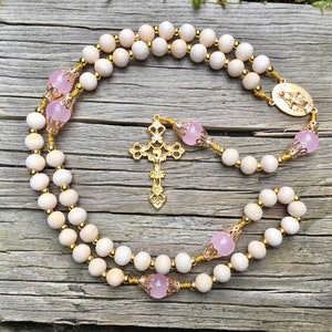 The Grace Rosary | Pink Glass, Natural Wood, and Gold | Handmade Catholic Rosary with Gold Miraculous Medal