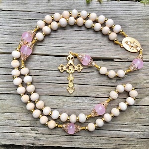 The Grace Rosary | Pink Glass, Natural Wood, and Gold | Handmade Catholic Rosary with Gold Miraculous Medal