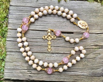 The Grace Rosary: Pink Glass, Natural Wood, and Gold Catholic Rosary