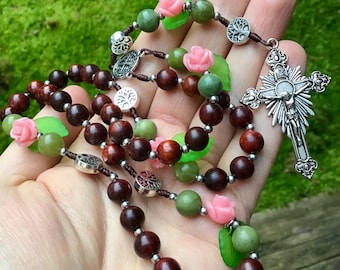 The Tree of Life Rosary: Handmade Catholic Wooden Rosary with Pink Roses