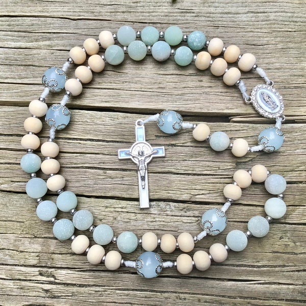 The Living Waters Rosary | Handmade Rosary with Our Lady of Guadalupe centre | Matte Amazonite, Wood, and White Enamel Crucifix