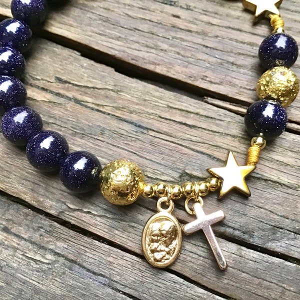 The Bethlehem Star Rosary Bracelet | Handmade One Decade Catholic Rosary Bracelet with Gold-plated Cross and Holy Family Medal