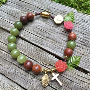 The Garden Rosary Bracelet | Handmade One-Decade Catholic Rosary Bracelet with Roses, Jade, Gold-plated Cross, and Miraculous Medal