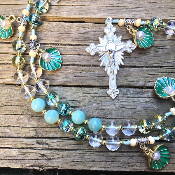 The Pearl Rosary | Blue Amazonite, Glass, 18k Gold, and Emerald Enamel Shells | Handmade Catholic First communion gift