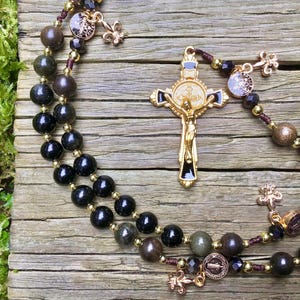 The Prayer Warrior Rosary: Handmade Obsidian Black Catholic Rosary with Gold Fleur-de-lis, French Saint Rosary
