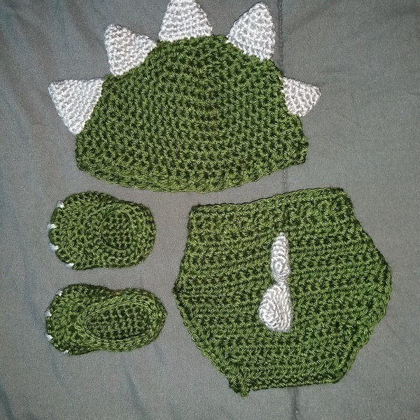 Made to order Handmade Newborn photo prop set- dinosaur with hat, diaper cover and shoes. Greens with customizable secondary color